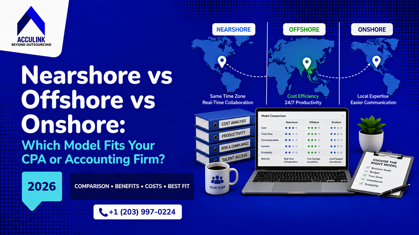 Nearshore vs offshore vs onshore outsourcing models for CPA and accounting firms in 2026, compared on cost, time zone, talent, control, and scalability
