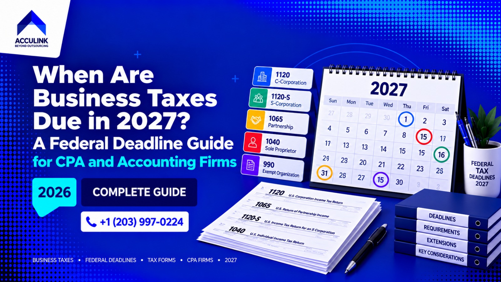 2027 business tax deadlines for partnerships, S corporations, C corporations, LLCs, estates, trusts and tax-exempt organizations