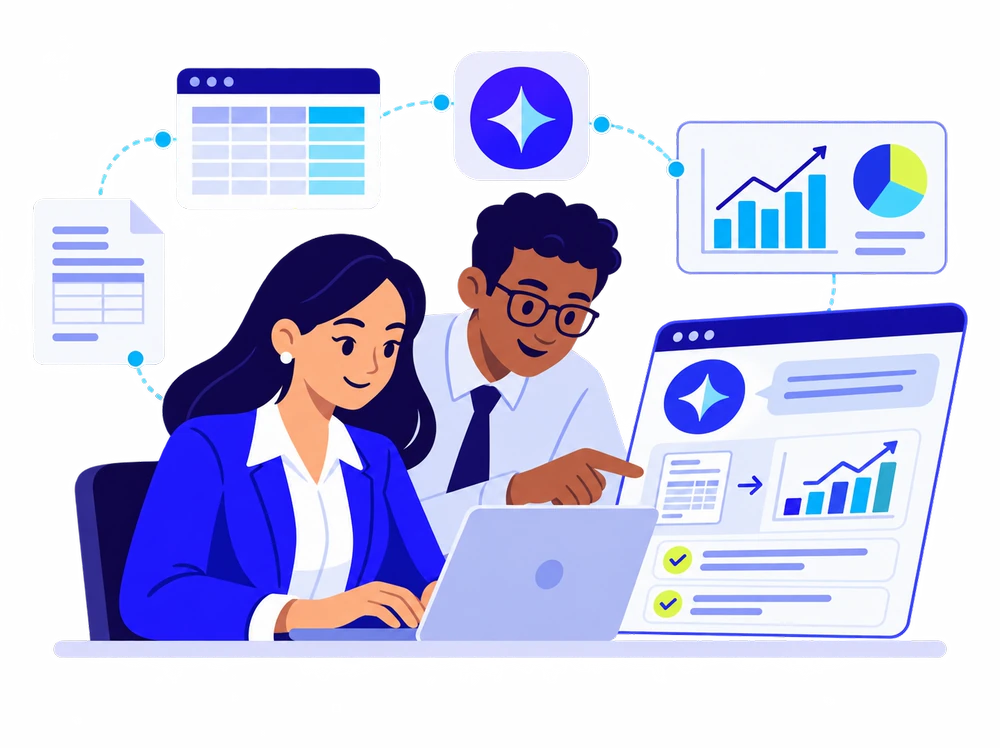 Two accounting professionals using AI to review financial data and insights